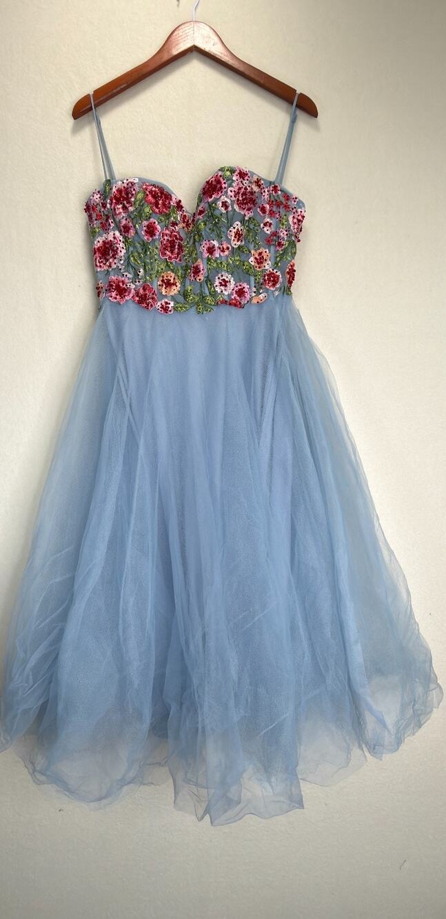 MAC DUGGAL Bustier Embroidered Floral A-Line Dress Blue Size 6